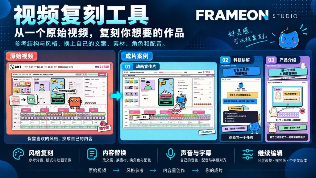 FRAMEON 视频复刻工具 · 产品宣传，宣传与界面示意